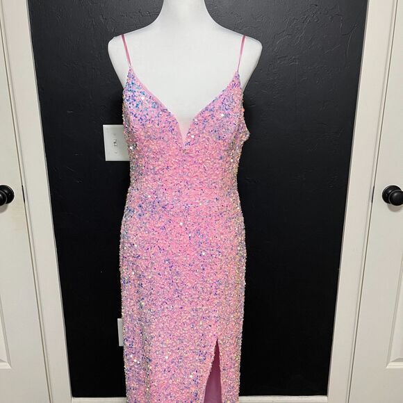 B. Smart Pink Iridescent Sequin Floor Length Dress Size 13 - Picture 10 of 15